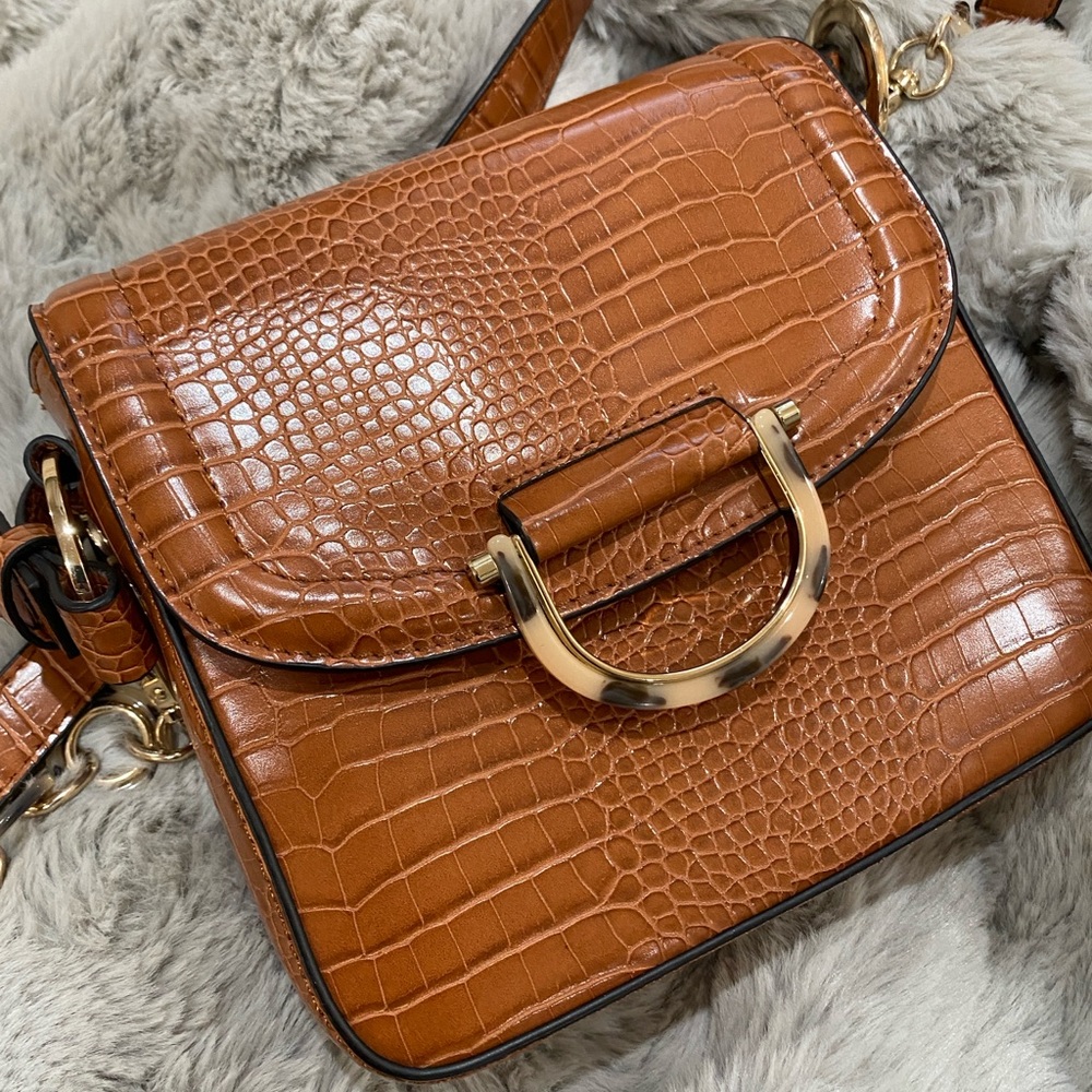 Topshop Brown and Gold Crocodile Embossed Crossbody Bag